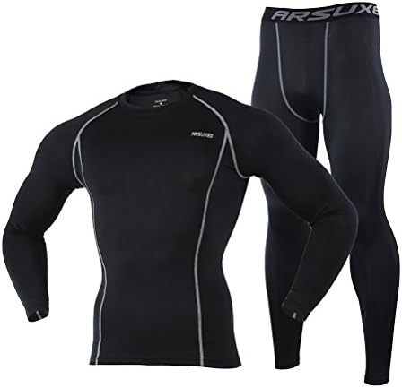 Men's Black Tight Elastic Dry Compression Base Layer Long Sleeve Shirt and Pant Set