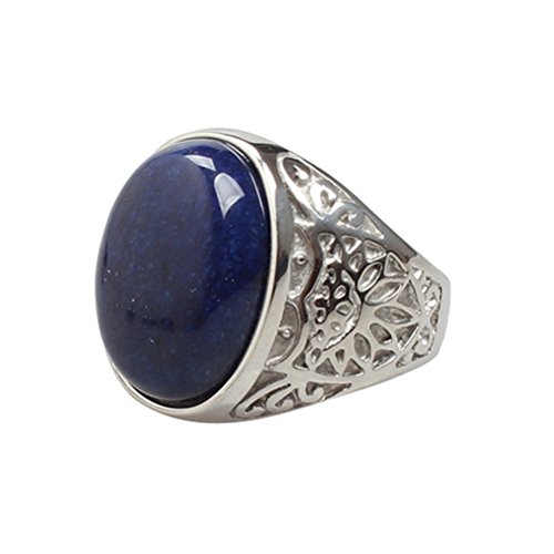 OAKKY Jewelry Men's Stainless Steel Carved Flower Pattern Vintage Blue Gem Stone Rings, Silver Size 8