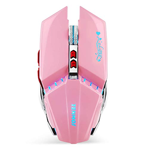 TENMOS T12 Wireless Gaming Mouse Rechargeable, 2.4G Silent Optical Wireless Computer Mice with Changeable LED Light Compatible with Laptop PC, 7 Buttons, 3 Adjustable DPI (Pink)