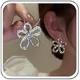 Ximdble Vintage Crystal Flower Stud Earrings Rhinestone Flower Dangle Earrings Silver Cz Crystal Stud Earrings Hollow Flower Earrings Jewelry for Women