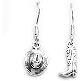 Sterling Silver Tiny Cowboy Boot and Cowboy Hat Dangle Earrings, Western Jewelry Dangle Earrings