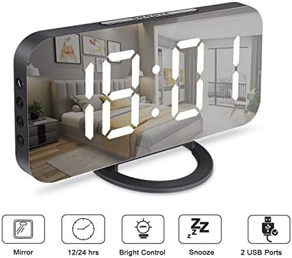 HOCOMO LED Digital Alarm Clock, Mirror Alarm Clock with Large 6.5" LED Display Mirror Surface Dimmer Mode Snooze Function Dual USB Ports Modern Alarm Clock for Home Bedroom (Black1)