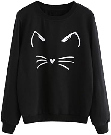 Kstare Women's Fashion Casual Long Sleeve O-Neck Cat Printing Tshirt Sweatshirt Pullover Tops (Black, S)