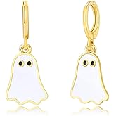 MALOYANVE Halloween Ghost Earrings for Women Gold Huggie and Black White Drop Earring Cute Funny Halloween Holiday Jewelry Gifts