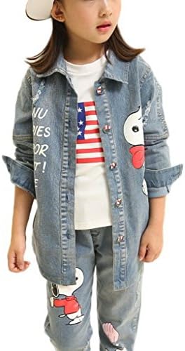 Toyobuy Girl Three Pieces Snoopy Cartoon Flag T Shirt Coat Jeans Set Blue 160