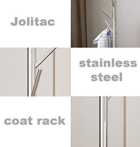 Jolitac Metal Coat Rack Stand Satin Steel Finish Stable Marble Base, High-Grade with Hooks Metal Tree Hat & Coat Hanger Floor Free Standing Wall Bedroom Easy Assembly (Satin Steel)