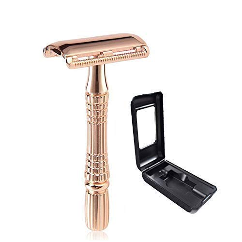 Rose Gold Safety Razor with Travel Case, DREZUR Double Edge Razor (Includes 10 Razor Blades), Texture Handle for Comfortable Grip