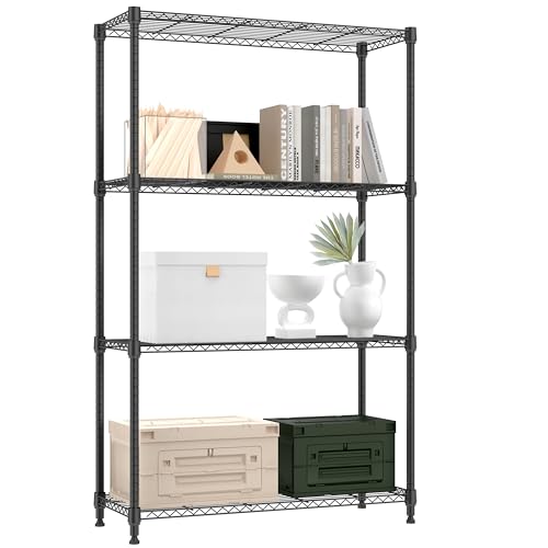 M MZG Metal Shelving Unit with 4 Levels, Load Capacity of 454 kg, Adjustable Shelves for Garage, Storage, Laundry and Kitchen, Study, Black, 35 x 90 x 151 cm