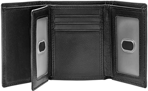 RFID Blocking Genuine Cowhide Leather Trifold Card Wallet for Men With 2 ID Window (Black without button)