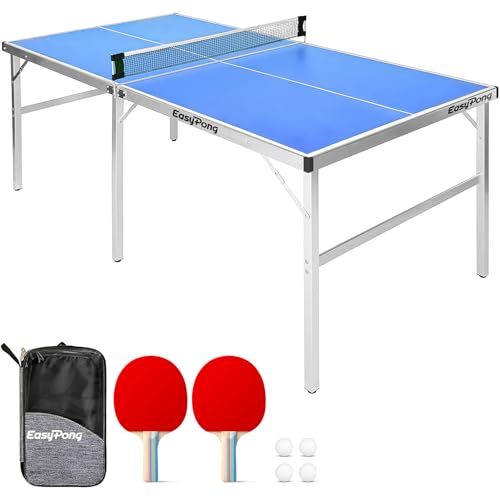 EasyPong® | Tischtennisplatte Blau | 182x91 cm | Premium Qualität | Leicht zu transportieren | Stabil | Ideal für Outdoor & Indoor | 2 Schläger + 4 Bä