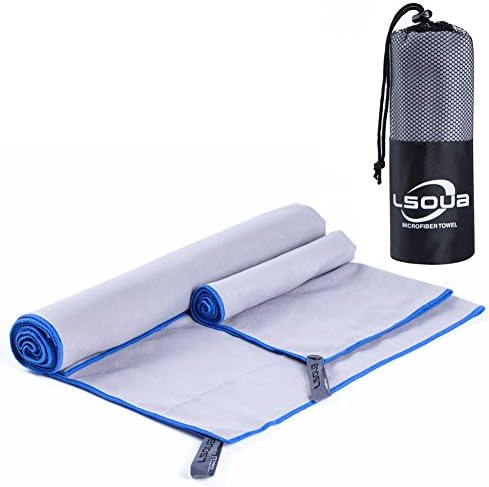 Lsoua Microfiber Sport & Travel Towel for Quick Drying and Absorbent โ 2 Pack 60"30" (Bath/Beach) & 24"15" (Hand/Face) with Mesh BAG - for Sports, Gym, Swimming, Camping, Travel, Bath, Beach (Grey)
