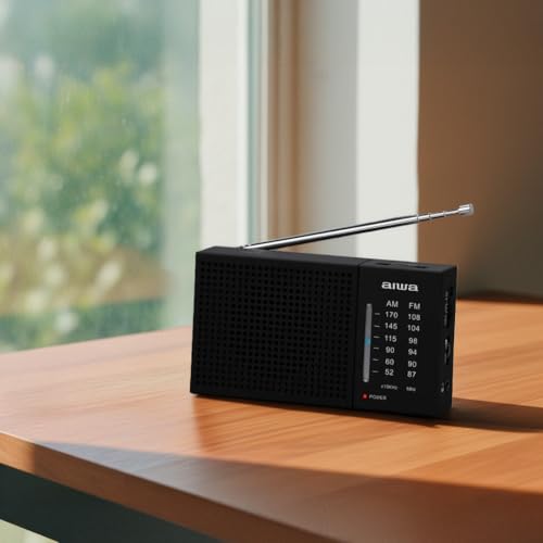 Aiwa Radio Portátil Am/FM Analógica AWFML2, Altavoz 1.5”, Antena Telescópica, Funciona con 2 Pilas AA, Entrada Audífonos 3.5 mm, Compacta y Ligera, Color Negro