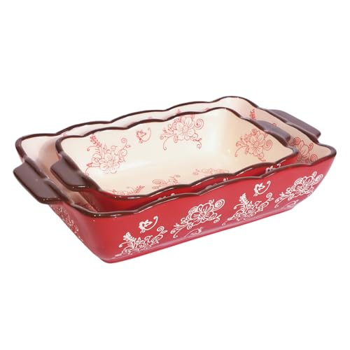 TUSIMI Rectangle Casserole Dish, Porcelain Baking Dish Lasagna Baking Dish Cheese Serving Oven Bakeware,Set of 2, Red