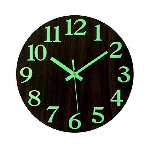RuiyiF Wall Clock Non Ticking Glow in The Dark Wooden Battery Operated