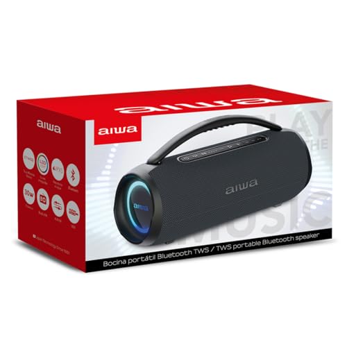 Aiwa AWQ680 Bocina Bluetooth Portátil de 30W RMS con Luces LED, Resistente al Agua IPX5, Función TWS, Bluetooth 5.3, USB hasta 32GB, Radio FM y Entrada AUX, Color Negro