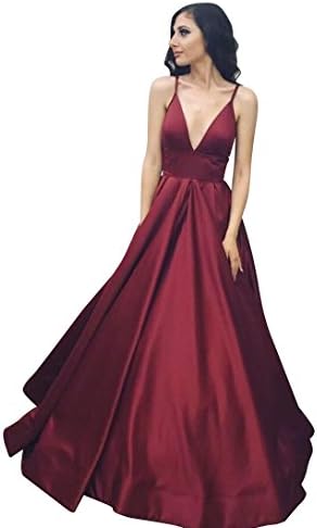VinBridal Long Spaghetti Straps Satin Ball Gown Prom Dresses With Pockets