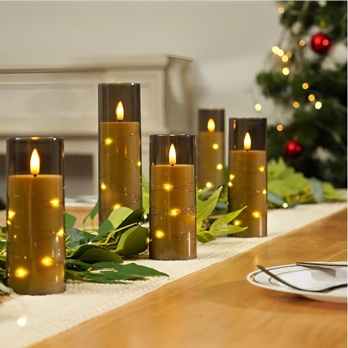 Beauenty 5 Pc Flameless LED Candles with Timer and Remote,Acrylic Pillar Candles with Embedded Star String for Romantic Ambiance and Home Decoration,Battery Operated Candles(Grey)