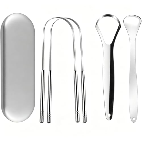 Kit 4 Raspadores de Língua em Aço Inoxidável, Elimina Mau Hálito, Antibacteriano e Higiênico, Fácil de Limpar