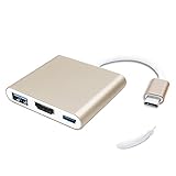 USB 3.1 Type C Adapter to HDMI Converter 4K + USB 3.0 + USB-C Cable Fast Charging Port for New MacBook 12”/OSX/iPad/ChromeBook Pixel/Dell XPS13/Yoga 900/Lumia 950XL/USB-C Device to HDTV/Projector-Gold