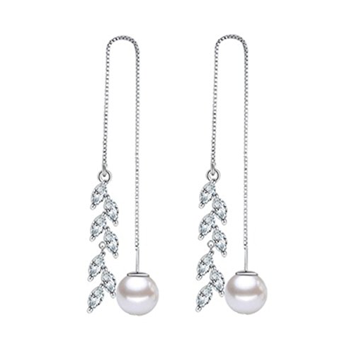 Lieberpaar Women Retro Zirconia Needle Drop Threader Pull Through Earrings Hoop Pearl Stud Earrings