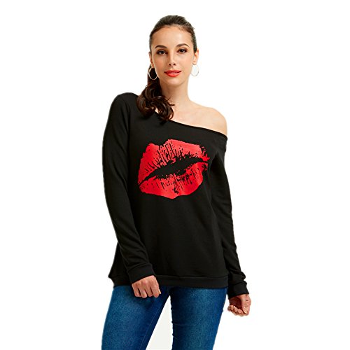 MAGICMK Women's Sexy Pullover Lips Print Casual Off The Shoulder Slouchy Shirt (L, Black+Red) - Thumbnail 7