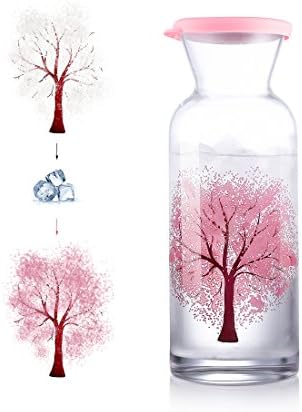 RED MAISON Exquisite Sakura Tree Hot/Cold Sensitive Color Changing Glass Pitcher Wedding Gift Liquor Decanter 42 Ounces Glass Carafe with Lid - Heat Resistance Pitcher for Hot/Cold Water & Iced Tea