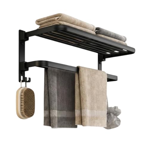 Toalheiro Duplo com Prateleira de Aço para Banheiro Porta Toalha de Parede | Suporte para Toalhas de Luxo Moderno, Resistente à Umidade | Instalação Parafusada ou Adesiva | Preto/Cinza Escuro