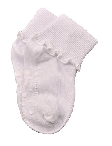 Sierra Socks Girls Cotton Lettuce Ripple Edge Turn Cuff Seamless Toe Non Skid 3 Pair Pack (Fits Shoe Size 4.5-8.5 Socks Size 5-6.5, White)