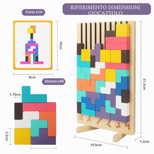 Tetris Wooden Stacking Game Educational Toys with 10 Cards Intelligence Jigsaw Puzzle Children 3 4 5 6 Years Old Colorful Geometric Blocks Tetris Educational Gift