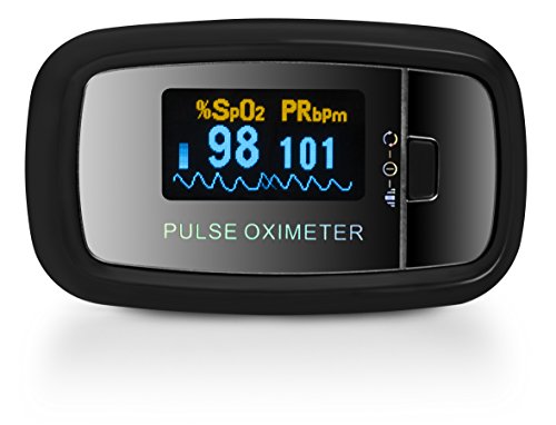 AccuMed CMS-50D1 Fingertip Pulse Oximeter Blood Oxygen Sensor SpO2 for Sports and Aviation. Portable and Lightweight with LED Display, 2 AAA Batteries, Lanyard and Travel Case (Black)