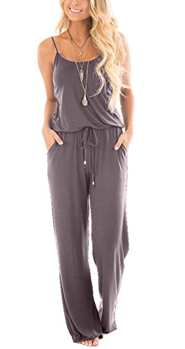 NuoReel Women Casual Sleeveless Loose Wide Legs Jumpsuit Halter Waist Tie Stretchy Rompers Pants With Side PocketsÂ£Â¨Light Purple LargeÂ£