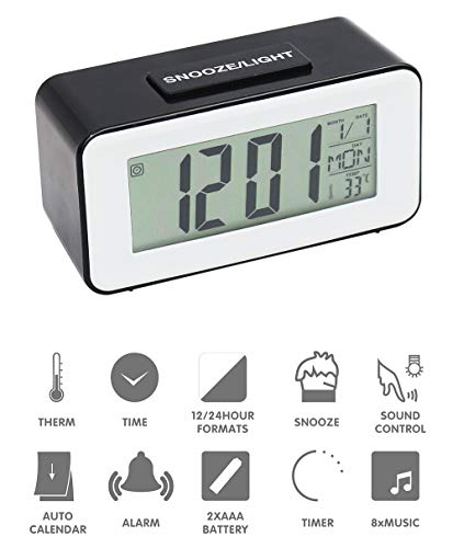 HAPITO Digtal Alarm Clock for Bedrooms - Sound Activated Backlight, Snooze, Time/Date/Temperature Display, 12/24 Hr and 16 World Time Zones for Kids, Desk, Bedside, Travel (Black)