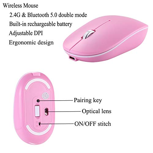 Pink Noiseless Click 2.4G Wireless Keyboard with Bluetooth 2.4G Dual Mode Mouse Quiet Typing 2-in-1 Portable Keyboard Mouse Combo