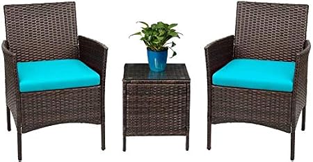 Amazon Com Devoko Patio Porch Furniture Sets 3 Pieces Pe Rattan Wicker Chairs With Table Outdoor Garden Furniture Sets Brown Blue Garden Outdoor