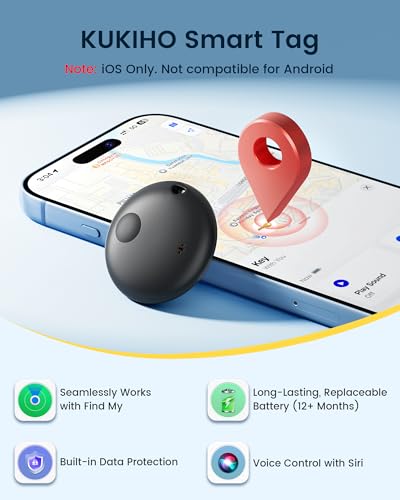 KUKIHO Tracker Tags 4 Pack Works with Apple Find My (iOS Only) | IP67 Waterproof, 100dB Sound, 12-Month Replaceable Battery, Item Locator for Keys, Wallet, Luggage, Black 4Pcs