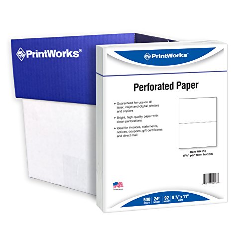 PrintWorks Professional Paper, 8.5 x 11, 24 lb, 1 Horizontal Perf 5.5" From Bottom, 2500 Sheets, White (04118C)