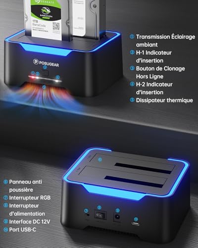 POSUGEAR Hard Drive Dock, USB3.0 Hard Drive Docking Station for 2.5 and 3.5 Inch SATA HDD/SSD Up to 40TB, Offline Cloning Function Supports UASP Dual Bay