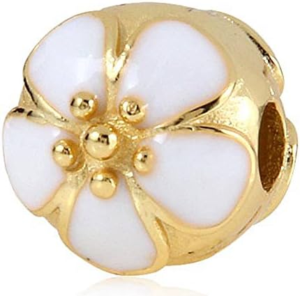 Charmstar Cherry Blossom Clip Charm Authentic Sterling Silver Stunning Enamel Sakura Stopper Lock Beads Compatible Eouropean Brand Bracelet (Gold Plated White)