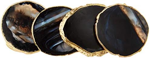 Modern Agate Coasters with Gold Edges and Rubber Bumpers (3.5"-4"). Set of 4 Geode Stone Slices. Perfect Drink Holder for any Glass or Cup (Black)