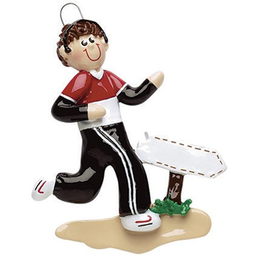 Personalized Jogger Boy Christmas Ornament - Brunette Runner in Black Sweat Suit Training Marathon Race in Park - Hobby Activity Sport Brown Hair Male Athlete Slow Free Customization (Male)