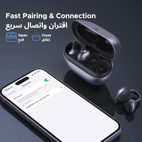 UGREEN S3 Air Wireless Earbuds, Open-ear Clip On Earbuds, Hijab-Friendly Ultra Comfort, 35H Battery for 1 Week Using, High Quality Sound, AI Clear Calls (Black)