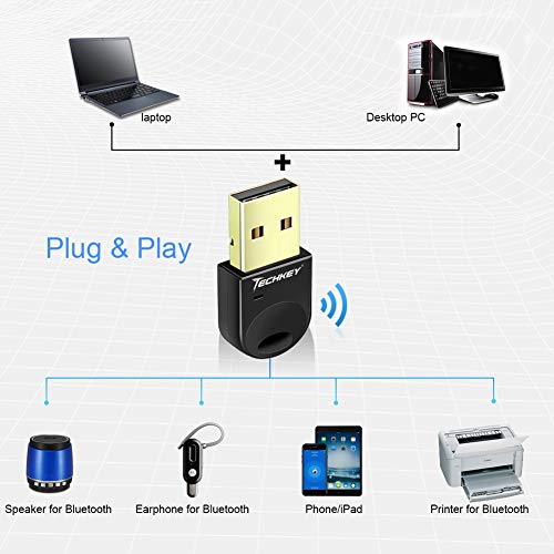 Techkey USB Bluetooth 4.0 Adapter Dongle for PC Laptop Computer Desktop Stereo Music, Skype Call, Keyboard, Mouse, Support All Windows 10 8.1 8 7