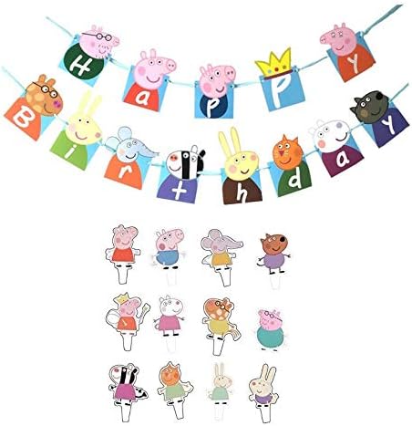NicoleWa Peppa Pig Theme Birthday Party Decoration Banner+48Pcs Peppa Pig Cupcake Toppers