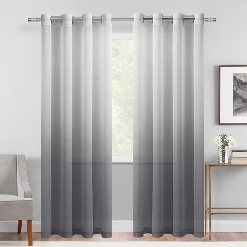 DWCN Faux Linen Grey Ombre Sheer Curtains - Gradient Semi Voile Grommet Top Window Curtains for Bedroom and Living Room, Set of 2 Panels, 52 x 84 Inches Long