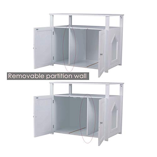 Good Life Double-Door Pet Crate Cat Washroom Hidden Cat Litter Box Enclosure Furniture Cat House Right/Left Side Entrance Selectable with Table Home Nightstand Large Box White Color