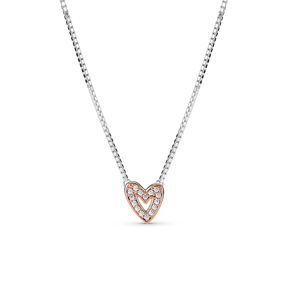 Pandora Sparkling Freehand Heart Necklace - 14k Rose Gold & Cubic Zirconia - Gift for Her - No Box