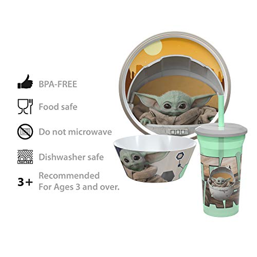 Zak Designs Star Wars The Mandalorian Dinnerware Includes Plate, Bowl, and Straw, Made of