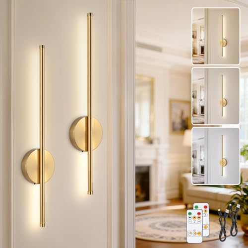 TaoFiaCo 60CM Gold Indoor LED Wall Lights - Wireless Wall Lamp 3 Colour Temperatures - Battery Wall Light with Remote Control for Bedroom, Living Room, Dining Room