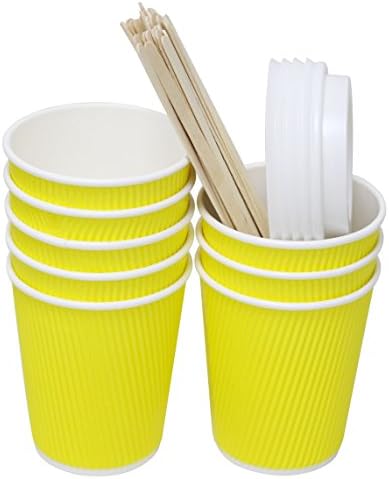 QuaCity 8 Oz Insulated Disposable Ripple Coffee Cups with White Lids, Wood Stirrers 50 Count - Perfect for Hot and Cold Beverages - No Soaking or Smells - Take To Go (Yellow)