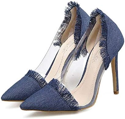 XOOOP Denim Pumps Women Transparent Tassel High Heel hot Shoes
